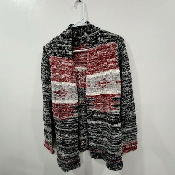 Wet Seal Open Cardigan Long Sleeve Sweater Black Red White Aztec Size Medium - Picture 2 of 6